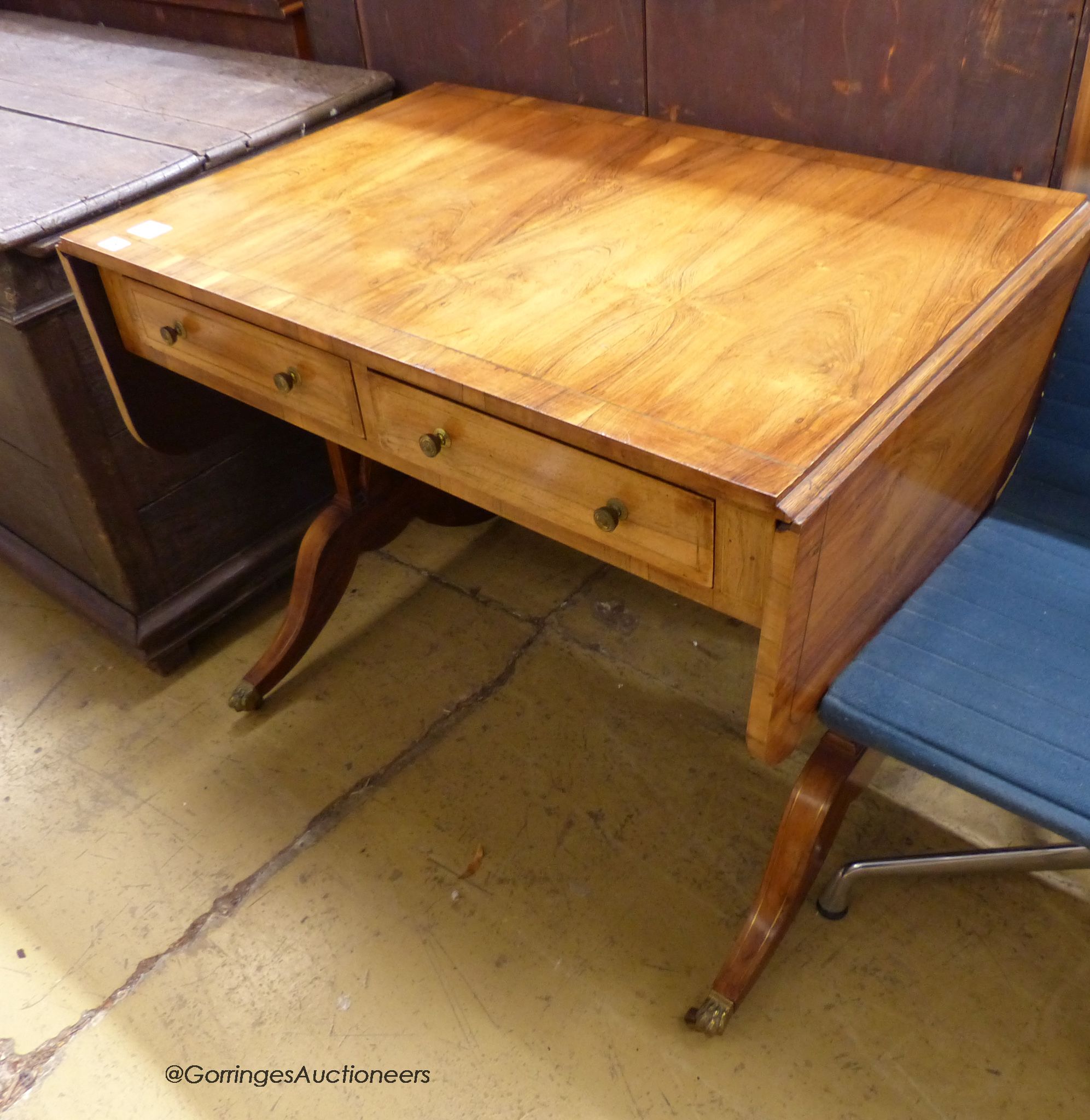 A regency rosewood veneered sofa table. W-92cm, D-60cm, H-74cm.